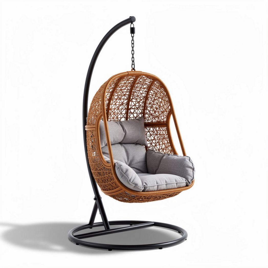 Hanging rattan chair with cushion and metal stand for indoor outdoor use