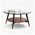 Glass top coffee table with wood lower shelf and black metal legs 80 x 80 x 45cm