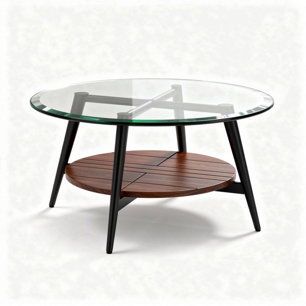 Glass top coffee table with wood lower shelf and black metal legs 80 x 80 x 45cm