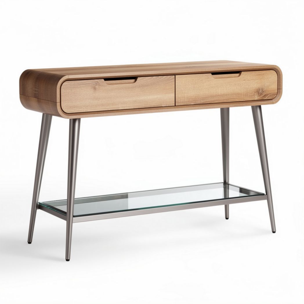 Wooden console table with metal legs and glass shelf 120 x 40 x 75cm