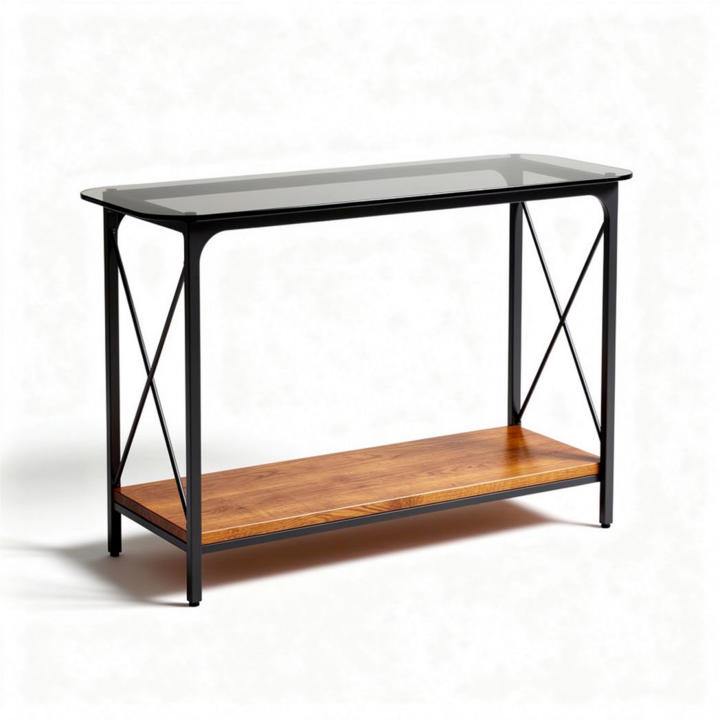 Glass top console table with wood shelf and metal frame 120 x 40 x 75cm