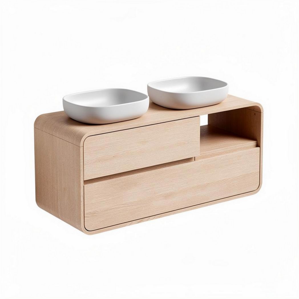 Wooden pet feeding station with removable ceramic bowls and storage drawers 90 x 40 x 50cm