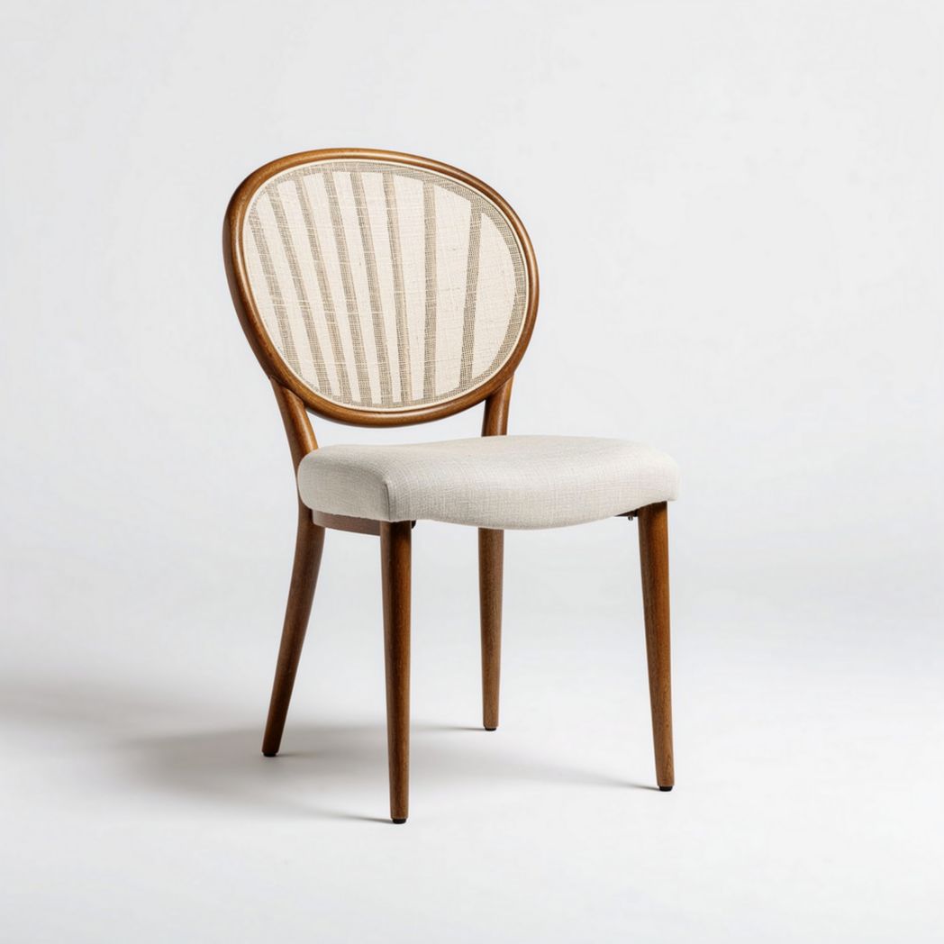 Natural wood dining chair with upholstered seat and woven back design 45 x 50 x 90cm