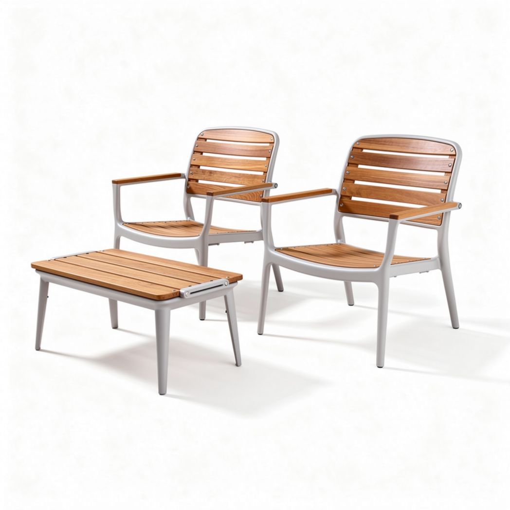 Wooden slat outdoor seating set with aluminum frame and coffee table