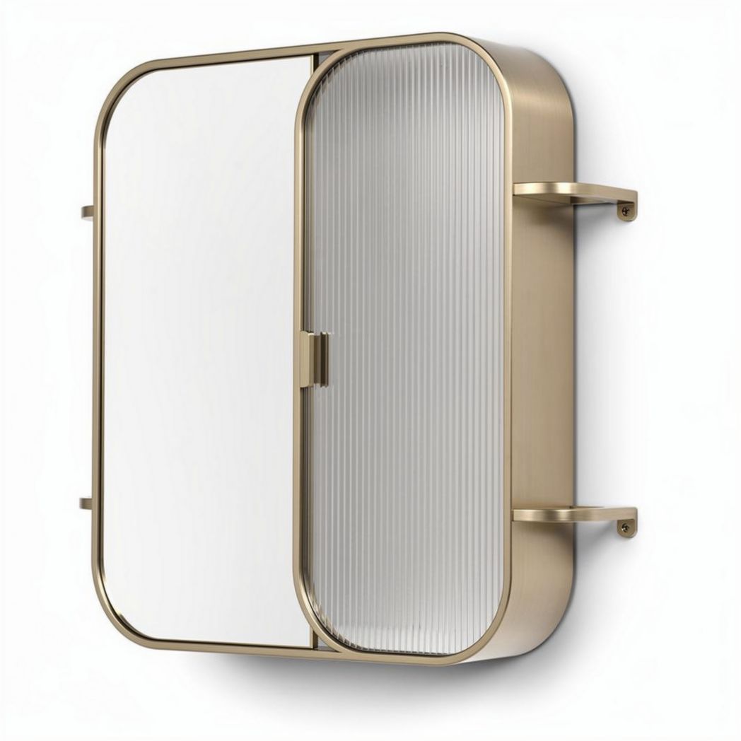 Brass wall-mounted storage cabinet with glass doors and ribbed design 40 x 30 x 5cm